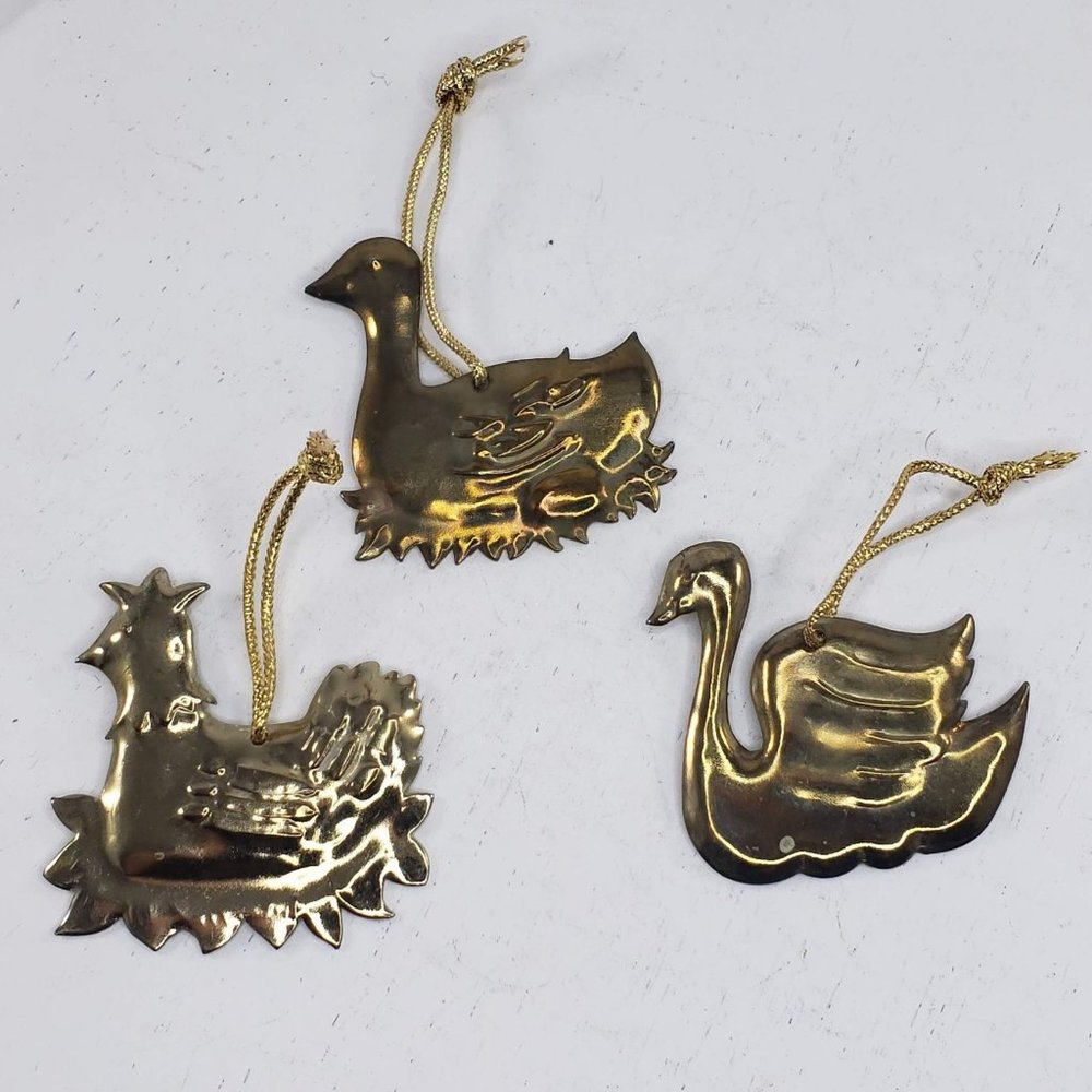 Vintage Brass Duck Swan Chicken Ornament Set Christmas Holiday